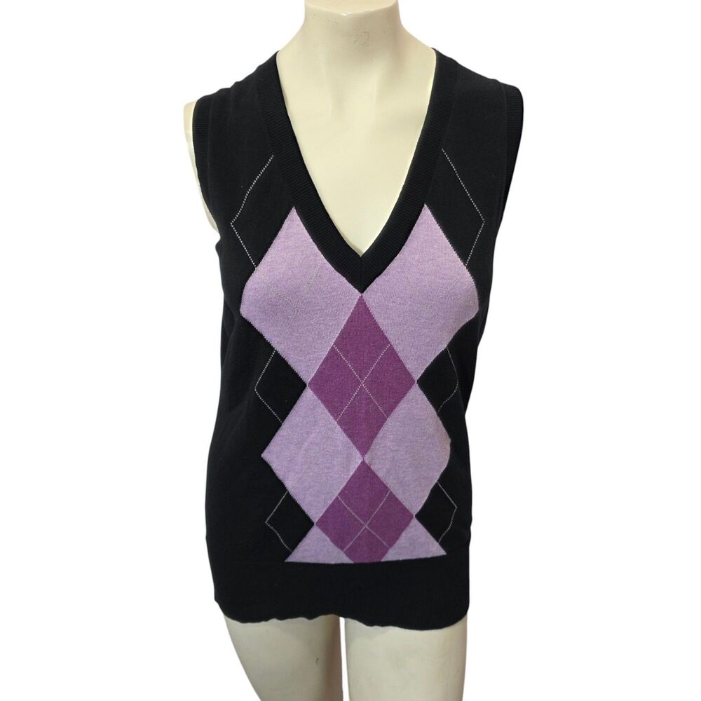 Gap Black Argyle Sweater Vest Large Purple Preppy Y2K Sleeveless Knit Top